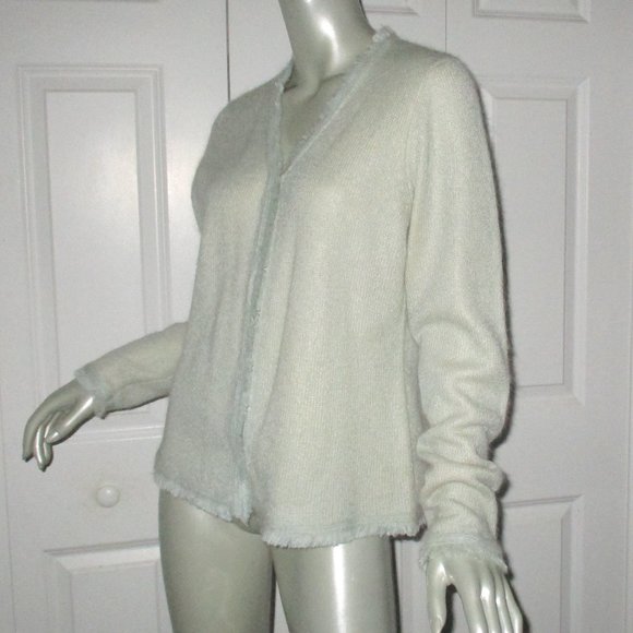 WHITE + WARREN Light Green Mohair Blend Sweater Frayed Details Large - Picture 3 of 8